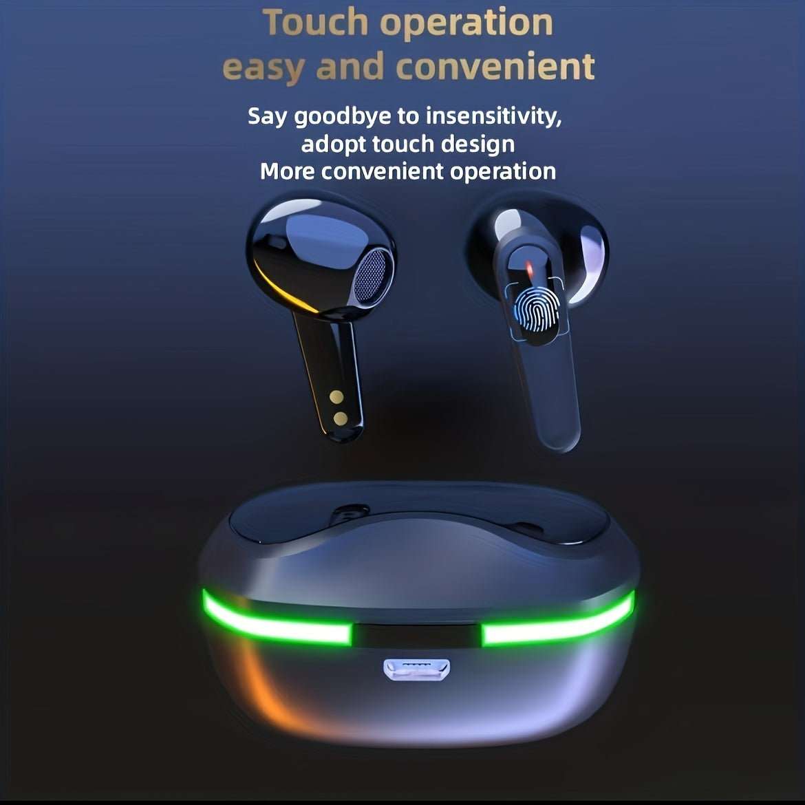 Wireless earbuds with touch operation feature and charging case on a dark background