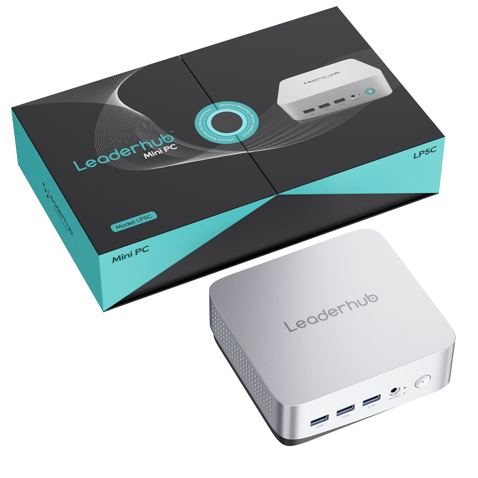 Leaderhub mini PC with its packaging on a white background