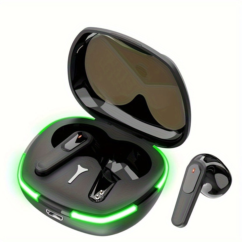 Wireless earbuds with charging case on a white background