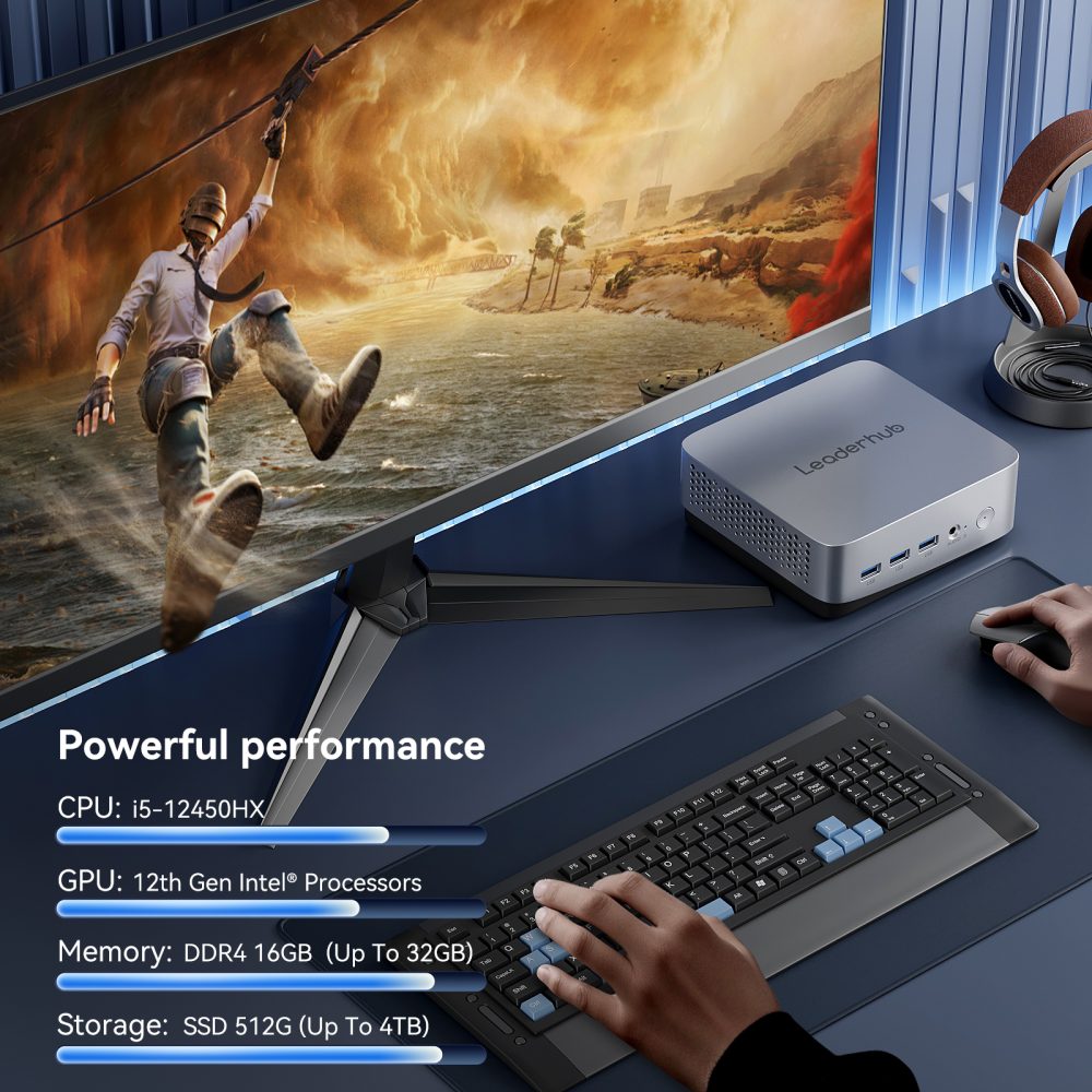 Person using a computer setup with a monitor displaying a game, keyboard, and mouse on a desk.