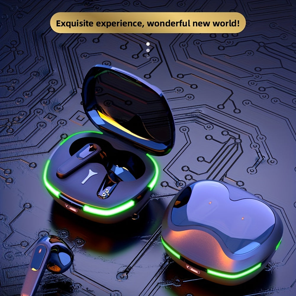 Wireless earbuds in a charging case on a circuit board background with text 'Exquisite experience, wonderful new world!'.
