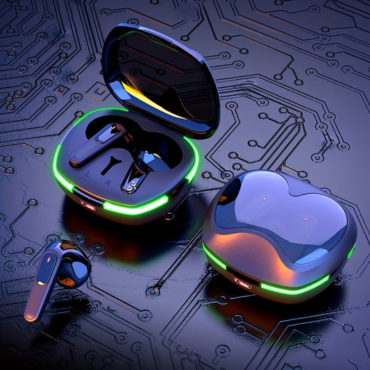 Wireless earbuds with charging case on a circuit board background