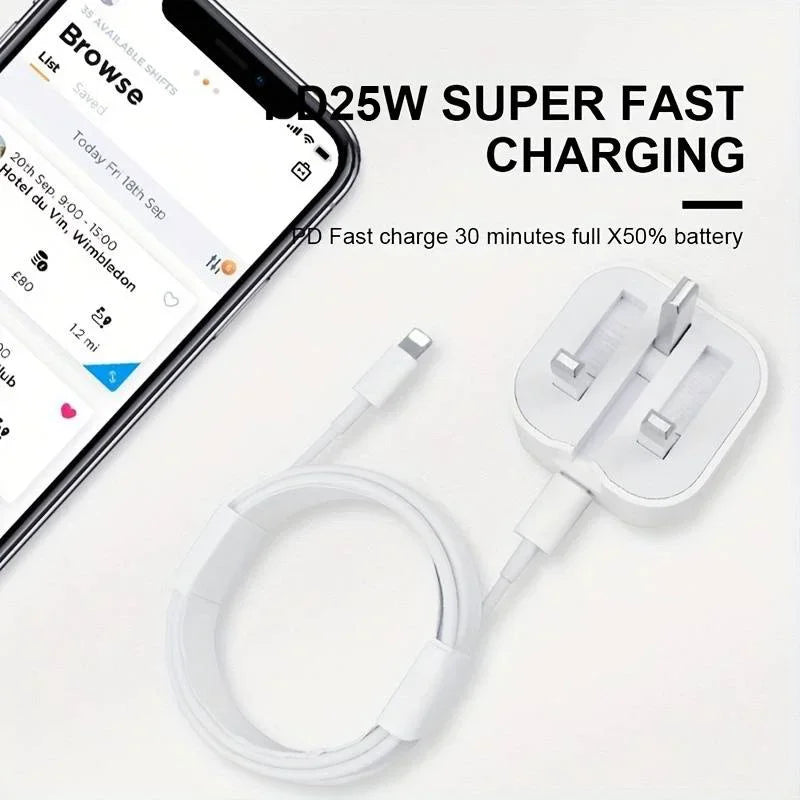 Phone with a charging cable and adapter on a white background, highlighting fast charging capabilities.