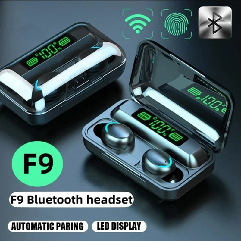 F9 Bluetooth headset with charging case on a dark background