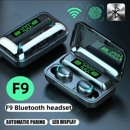 F9 Bluetooth headset with charging case on a dark background