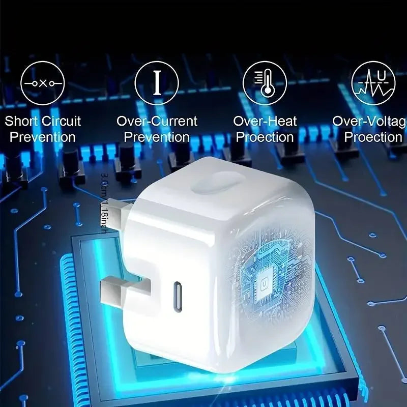 White electronic plug with circuit board design on a dark background