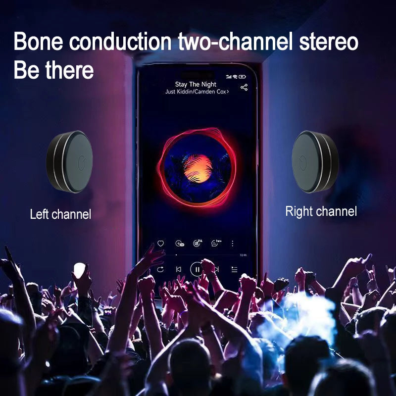 Phone with bone conduction speakers and music app interface, surrounded by a crowd at a concert.