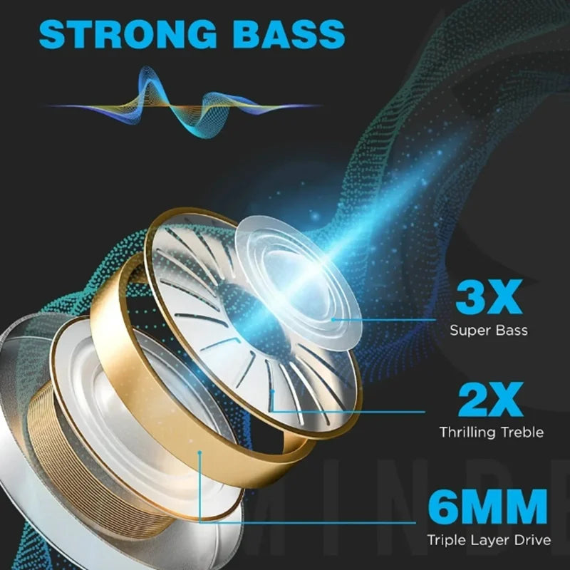 Speaker driver with 'Strong Bass' text and technical details on a dark background