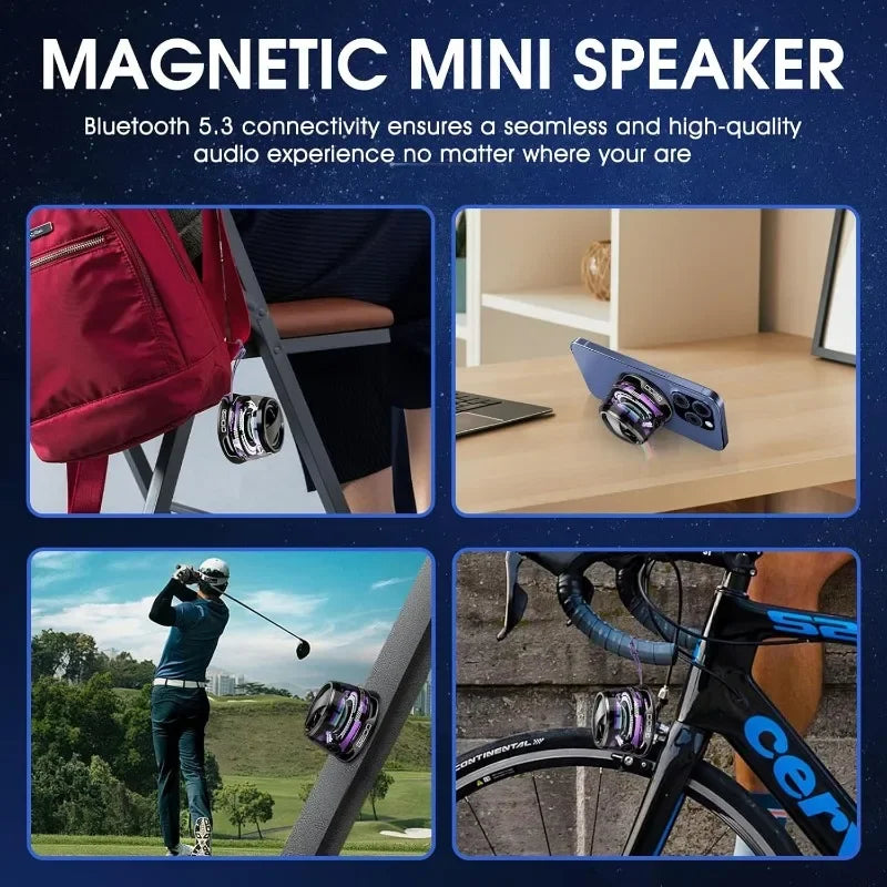 Magnetic mini speaker with Bluetooth connectivity shown in various settings.