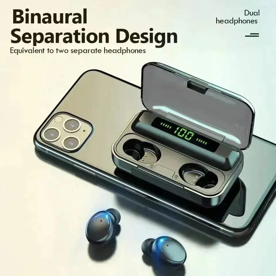 Wireless earbuds with charging case on a smartphone, featuring 'Binaural Separation Design' text.