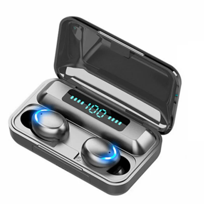 Wireless earbuds in a charging case with a digital display on a white background