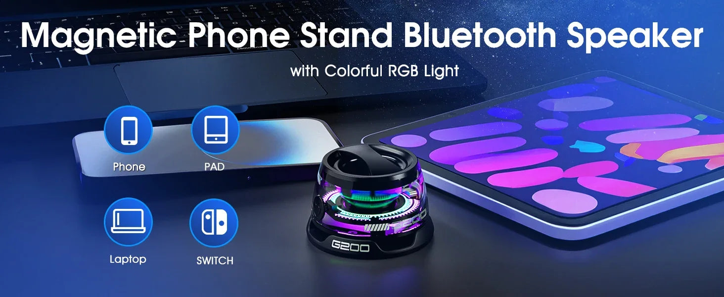 Magnetic phone stand Bluetooth speaker with colorful RGB light on a dark background