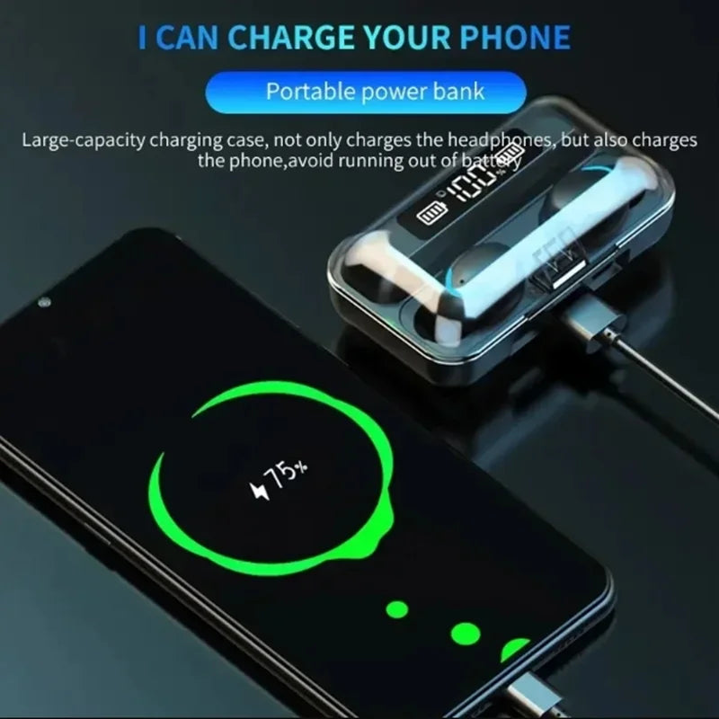 Portable power bank charging a smartphone with text indicating its function.