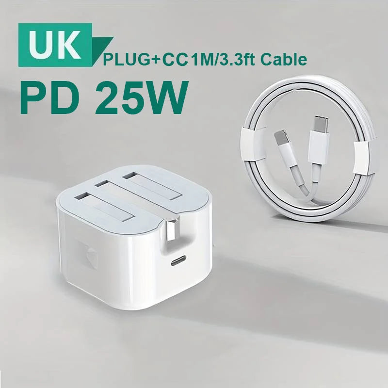 White power adapter and cable with 'UK Plug + CC 1M/3.3ft Cable PD 25W' text on a gray background
