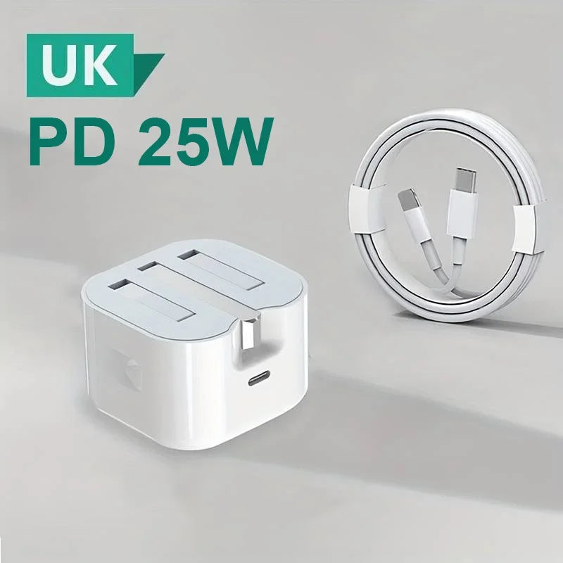 White power adapter and cable with 'UK PD 25W' text on a gray background