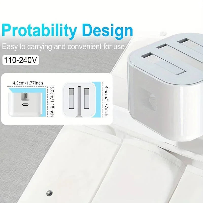 White travel adapter with USB ports on a light gray background