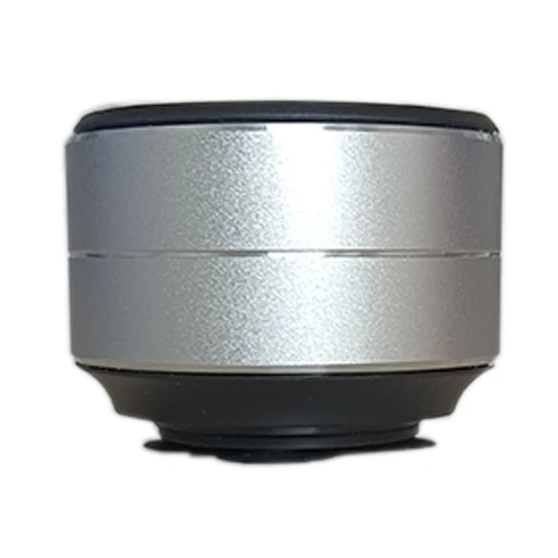 Silver camera lens with black rim on a white background