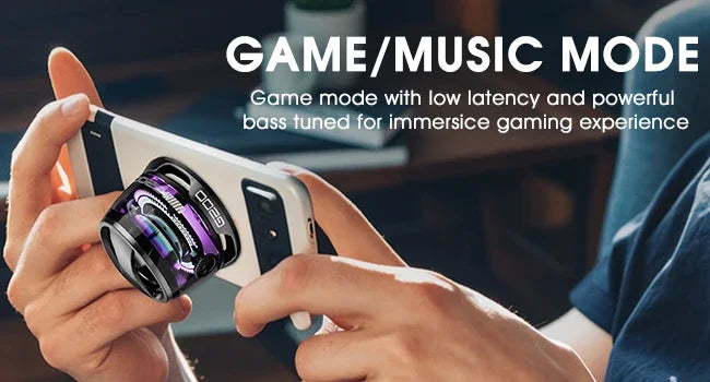 Person holding a smartphone with gaming mode feature highlighted