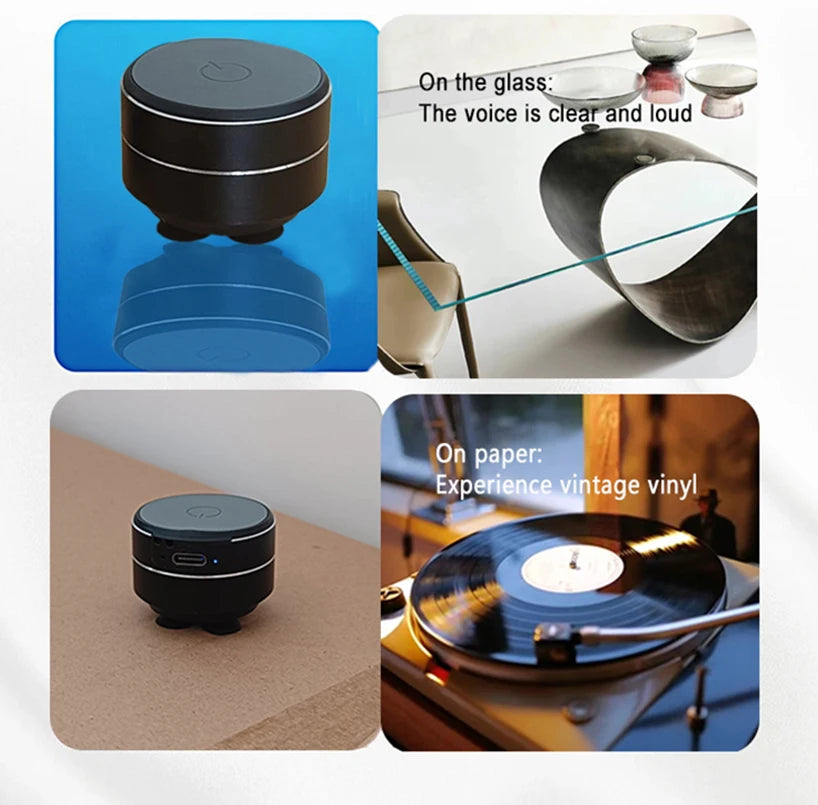 Black cylindrical device with text on glass, paper, and vinyl record.