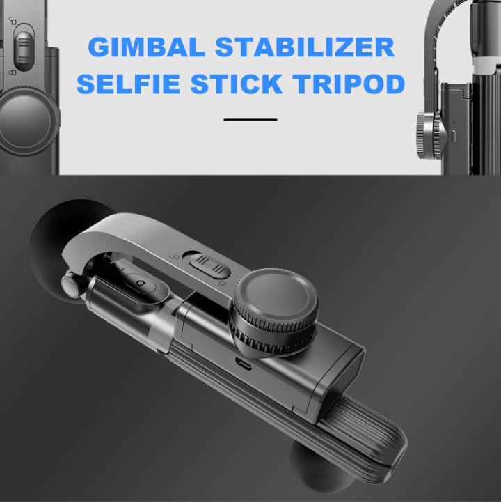 Gimbal stabilizer selfie stick tripod with text on a dark background