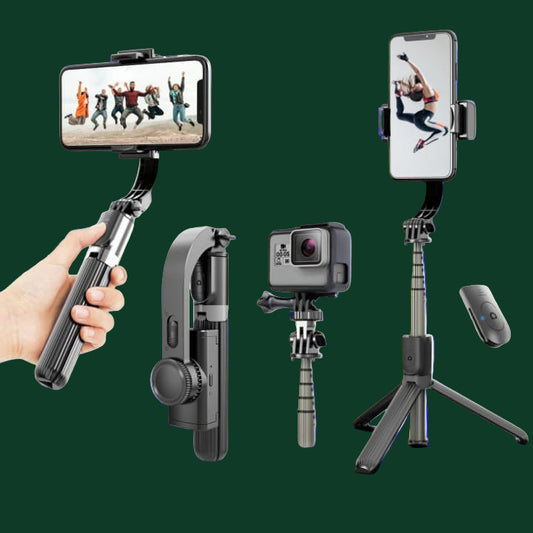 Multiple smartphone camera stands and holders with phone screens displaying different angles on a white background.