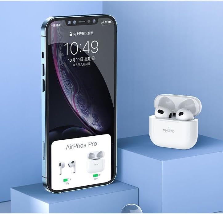 Smartphone displaying AirPods Pro on screen with wireless earbuds in a white case.