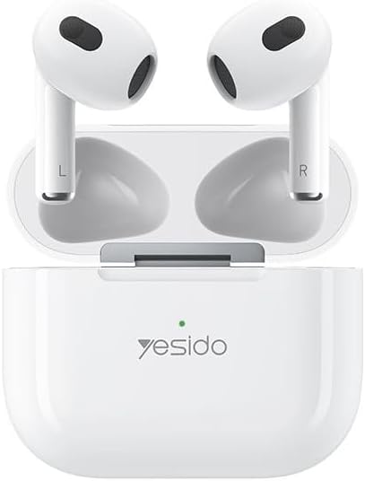 White wireless earbuds with charging case on a white background, featuring the brand 'Yesido'.