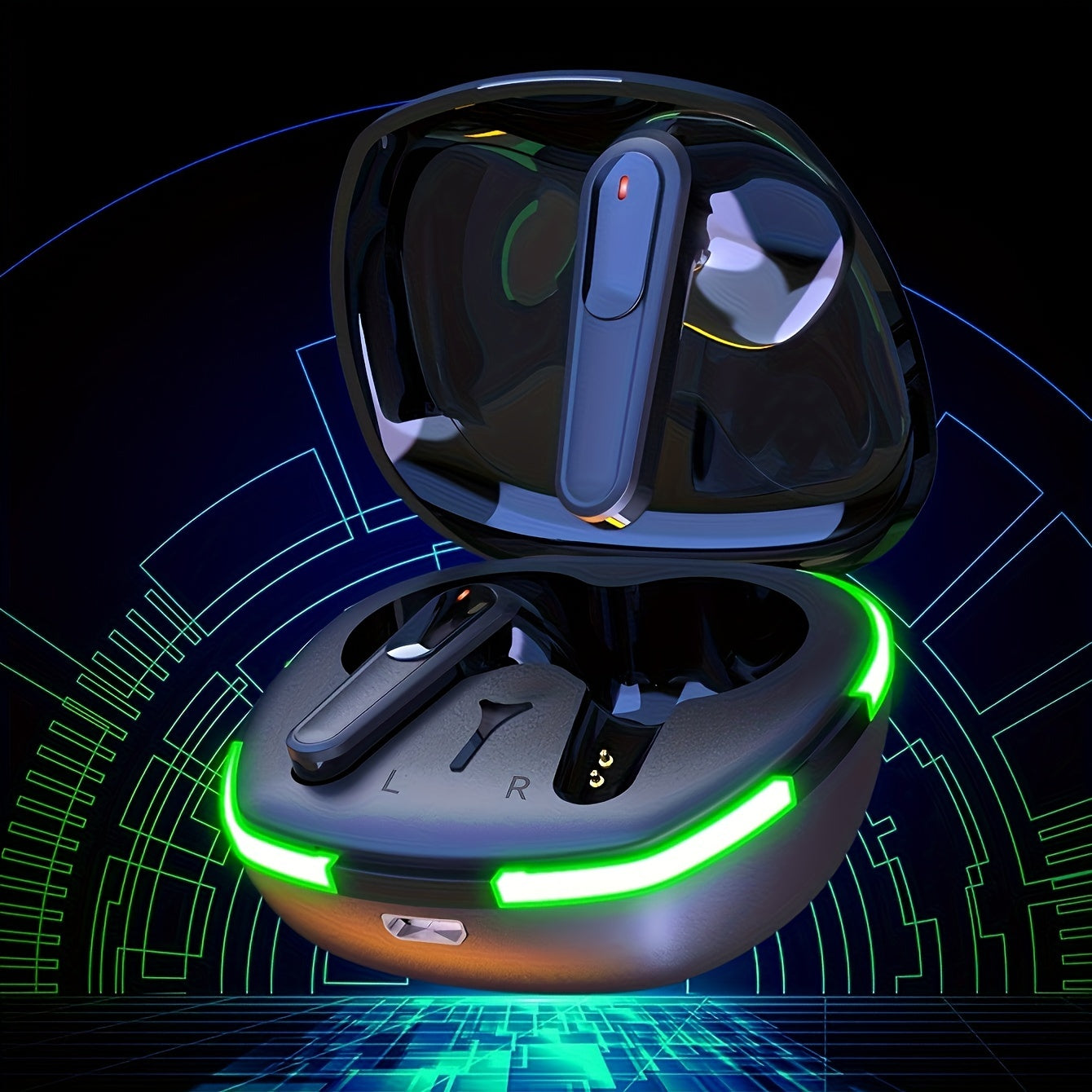 Wireless earbuds in a black case with green accents on a dark background