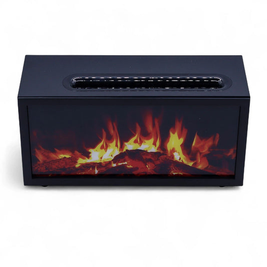 Black rectangular fireplace insert with flames on a white background