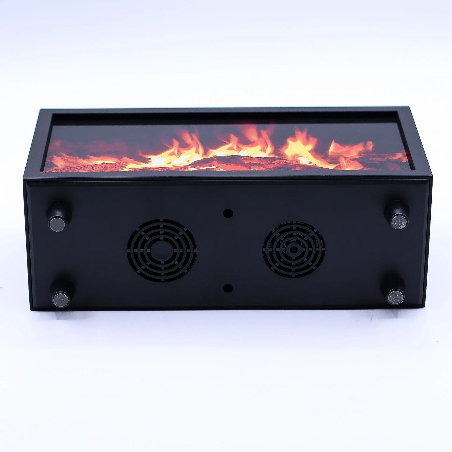 Black rectangular fire pit with flames on a white background