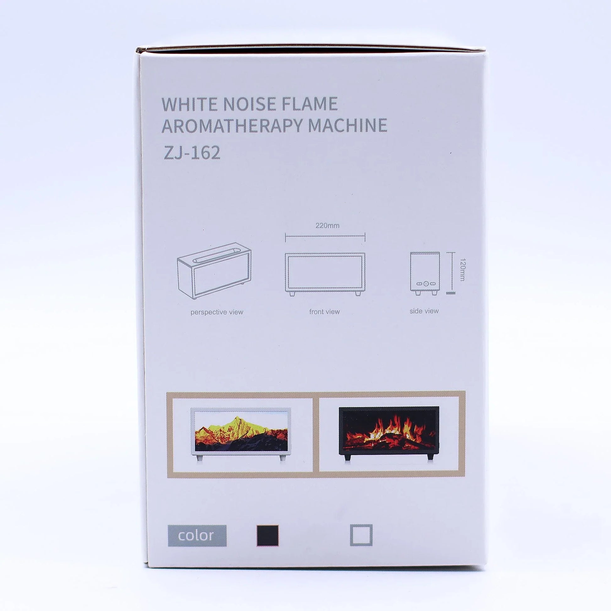 White noise flame aromatherapy machine packaging with product images and dimensions on a light blue background