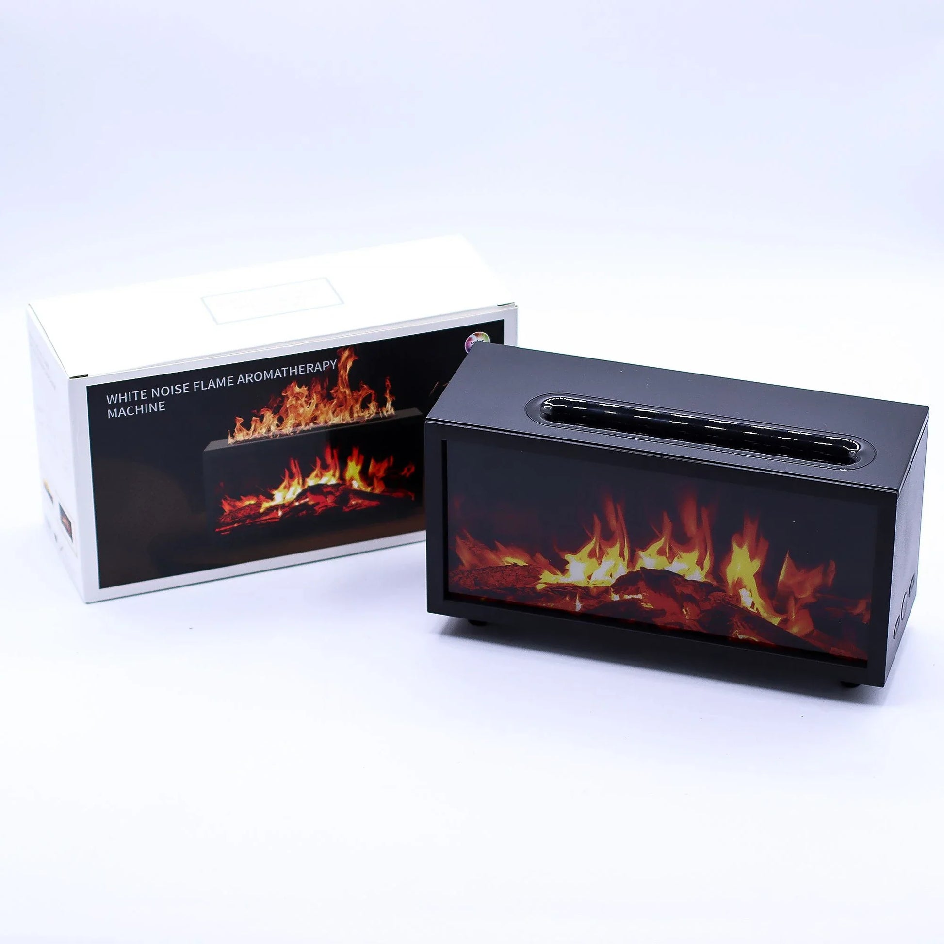 Tissue box with flame design and packaging on a white background