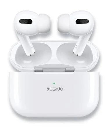 White wireless earbuds with charging case on a white background, featuring the brand 'yesido'.