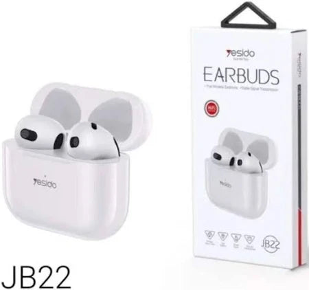 White wireless earbuds with charging case and packaging on a white background