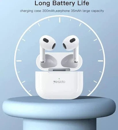White wireless earbuds with charging case on a blue background, featuring Yesido branding.