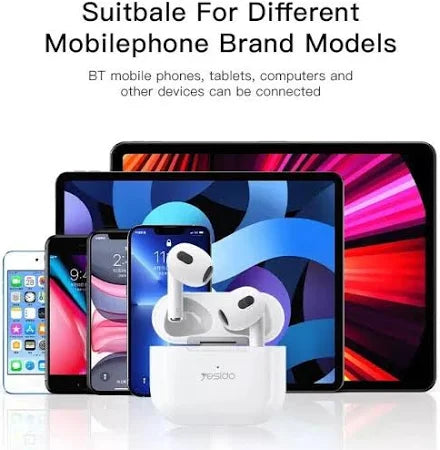 White wireless earbuds in a charging case with smartphone, tablet, and computer display on white background