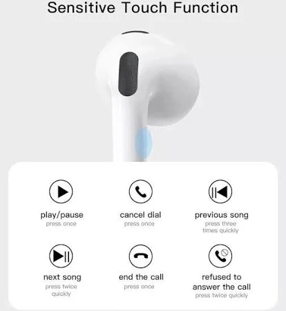 White earbud with control icons on a white background