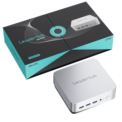 Leaderhub mini PC with its packaging on a white background