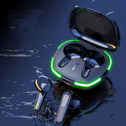 Wireless earbuds with charging case on a dark water surface