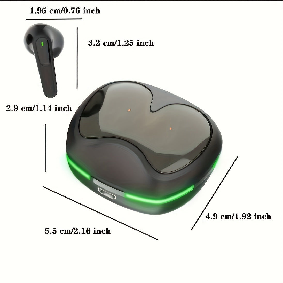 Black electronic device with green accents and measurements on a white background