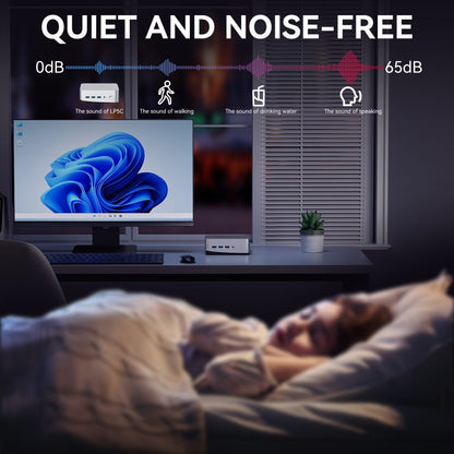 Woman sleeping peacefully with a computer setup and noise level indicator in the background