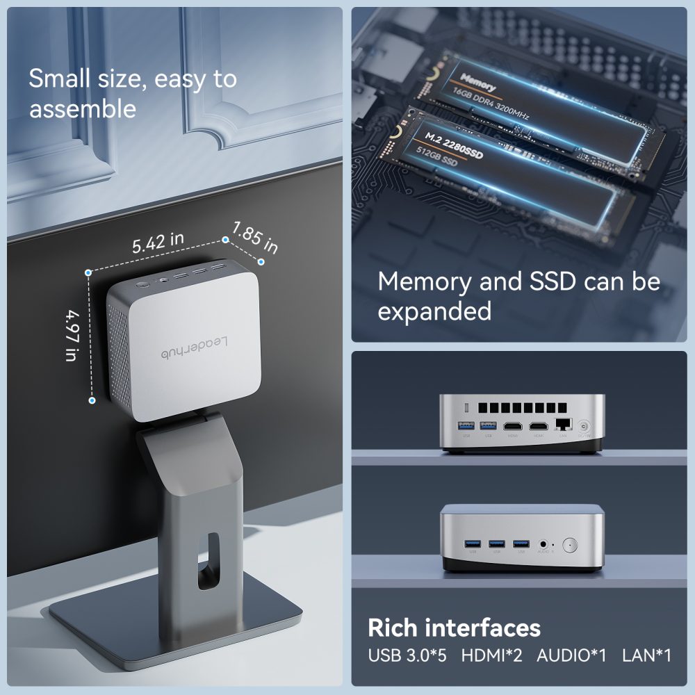 Mini PC with expandable memory and SSD, rich interfaces, and small size.