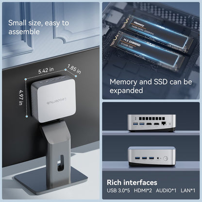 Mini PC with expandable memory and SSD, rich interfaces, and small size.