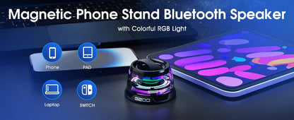 Magnetic phone stand Bluetooth speaker with colorful RGB light on a dark background