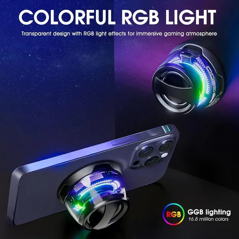 Transparent phone case with RGB light effects on a dark background
