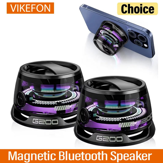 Two black magnetic Bluetooth speakers with a smartphone on a white background, featuring the brand 'VIKEFON'.