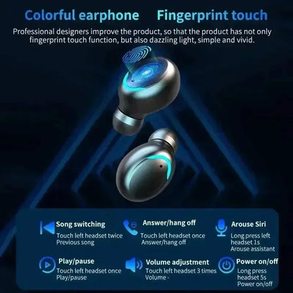Colorful earphones with fingerprint touch functionality on a dark background