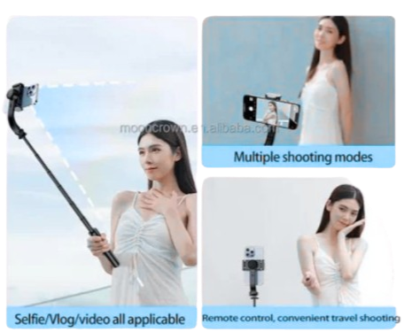 Product advertisement showing a woman using a selfie stick with multiple shooting modes and remote control features.