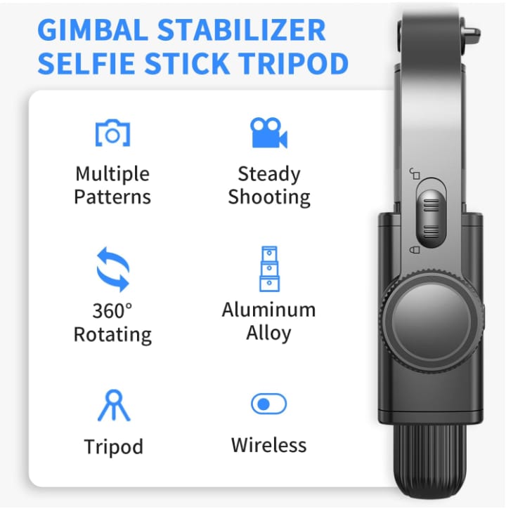 Gimbal stabilizer selfie stick tripod with features listed on a white background