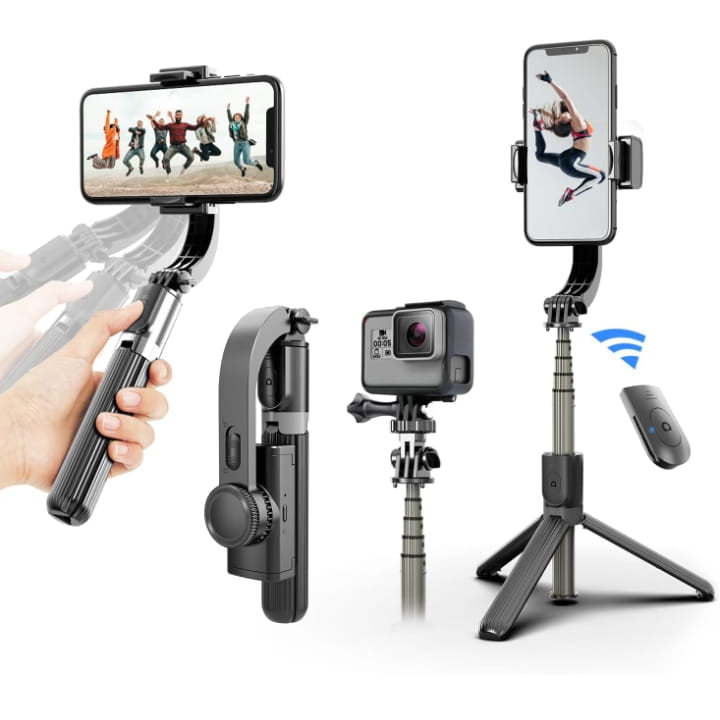 Multiple smartphone camera stands and holders with phone screens displaying different angles on a white background.